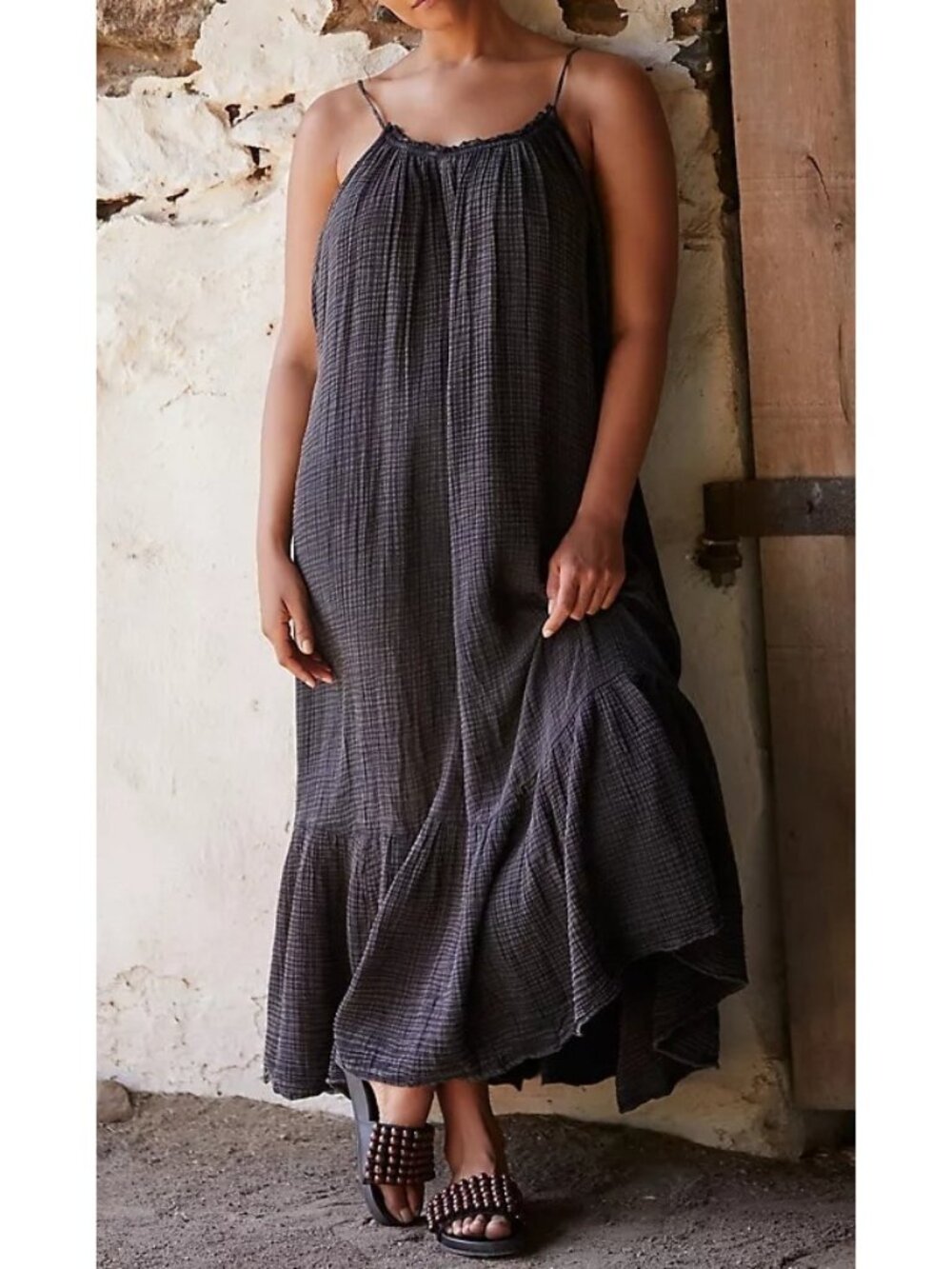 Anthropologie Malika Black Cotton Gauze Thin Strap Full Maxi Sun Dress Medium